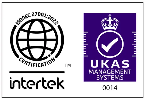 ISO/IEC 27001:2022 認証マーク（インターテック・サーティフィケーション株式会社／UKAS認定 認定番号0014）